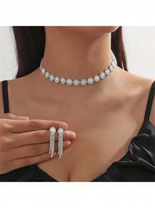 2 Stücke/Set (Halskette + Ohrringe) Künstliche Perlen & Kristall Blumen Halskette Ohrringe Set, elegante formelle Minimalistische Choker Halskette