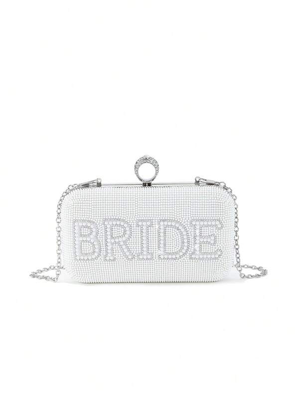 1pc Elegant & Romantic Pearl & Rhinestone Decor Pu Leather Clutch Bag With Chain Strap For Women, Embossed With , Tready Bride Bag,Perfect For Party, Wedding, Prom, Dinner/Banquet, Matching With Wedding Dress, Formal Dresses, Prom Dress, Birthday Dress, Women Dress Party
