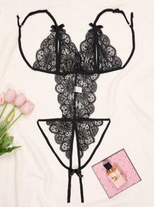 1pc Women's Lace Open Crotch Bodysuit, Sexy Lingerie Set With See-Through Breast And Body Coverage, Baddie Look - Black - View 6