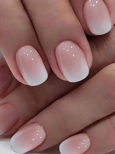 24 Stück Farbverlauf Press On Nägel kurz, quadratische Kunstnägel mit Nagelkleber, rosa-weiße Farbverlauf Klebenägel Kunstnägel für Frauen Nagelzubehör