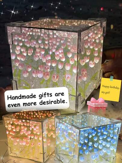 (Battery-Powered) Tulip Flower Landscape Mini Night Light, 3D Cube Flower Night Light Atmosphere Lamp, Lights Up As A Night Light, Doubles As A Mirror When Turned Off, A Handmade Gift That Is More Precious, DIY Required, Gift For Girlfriend, Friend's Birthday, Valentine's Day