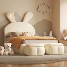 Nestfair Twin Size Upholstered Platform Bed With Cartoon Ears Shaped Headboard And Light