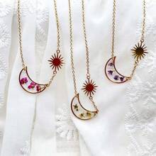 1個夏季項鍊，波西米亞風格，天體太陽和月亮設計，搭配樹脂乾花吊墜，不鏽鋼鏈，浪漫女友禮物，生日禮物，教師節感謝禮物，母親節禮物，美國 - 星月 日月項鍊 - 查看 6