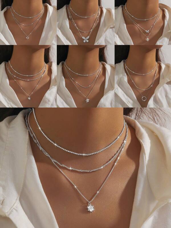 3pcs Set Elegant, Charming, Fashionable Colorful Cubic Zirconia Decorative Necklace Set, Pendant Styles Include Heart, Butterfly, Flower Petal, Circle, Square, Fish, Seahorse, Bee, Six-Pointed Star, Suitable For Graduation, Party, Wedding, Engagement, Birthday, Anniversary, Valentine's Day, Mother's Day, Christmas Gifts For Women, Girls, Girlfriend, Wife, Fiance, Bridesmaid, Teacher
