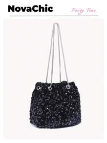 Lightweight, Business Casual Sequin Decor Bucket Bag Mini Drawstring Design, Clear Bag Evening Bag, Dinner Bag Glamorous, Elegant, Exquisite, Quiet Luxury For Party Girl, Woman, Bride Perfect For Party, Dinner/Banquet Christmas Party Dress, Party Bags, Perfect For Party Wedding Prom Dinner/Banquet Matching With Holiday Party Dress Evening Dress & Sequin Dress, New Year , Wedding - Black - View 1