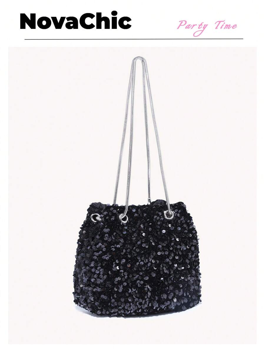 Lightweight, Business Casual Sequin Decor Bucket Bag Mini Drawstring Design, Clear Bag Evening Bag, Dinner Bag Glamorous, Elegant, Exquisite, Quiet Luxury For Party Girl, Woman, Bride Perfect For Party, Dinner/Banquet Christmas Party Dress, Party Bags, Perfect For Party Wedding Prom Dinner/Banquet Matching With Holiday Party Dress Evening Dress & Sequin Dress, New Year , Wedding - Black - View 1