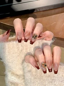 24入組美麗的女士專用手工假指甲套裝，搭配酒紅漸變法式尖端和鑲滿閃亮水晶，適用於派對、舞會和日常佩戴。 - 彩色 - 查看 2