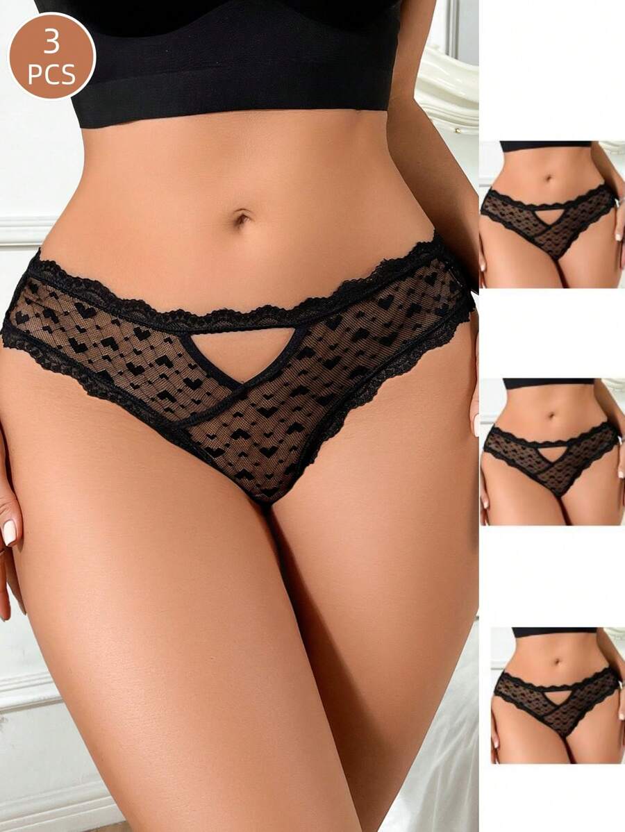 3pack Heart Lace Cutout Sheer Panty