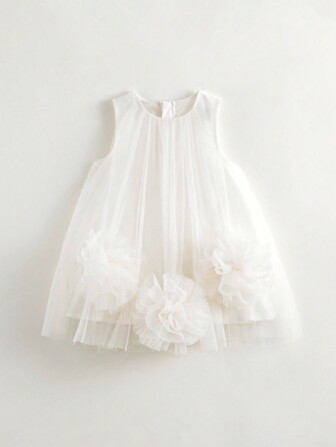 MARC&JANIE 少女甜美3D花朵洋裝網紗圓領無袖洋裝，夏季