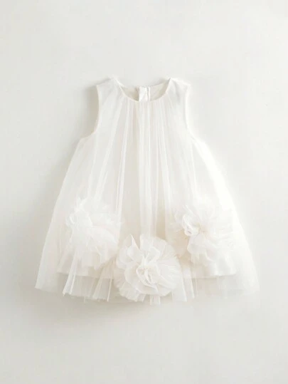 MARC&JANIE Young Girls' Sweet And 3D Flower Dress Mesh Round Neck Sleeveless Dress, Summer