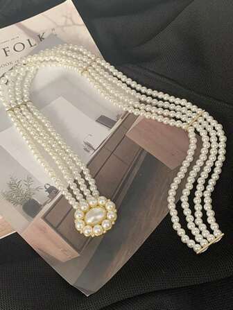 1pc Fashionable Elegant White Pearl Belt With Flower Shaped Pearl & Rhinestone Decor Clasp For Dress, Elastic Waistband Belt Perfect For Daily Use Summer, School Fall, Autumn, Halloween