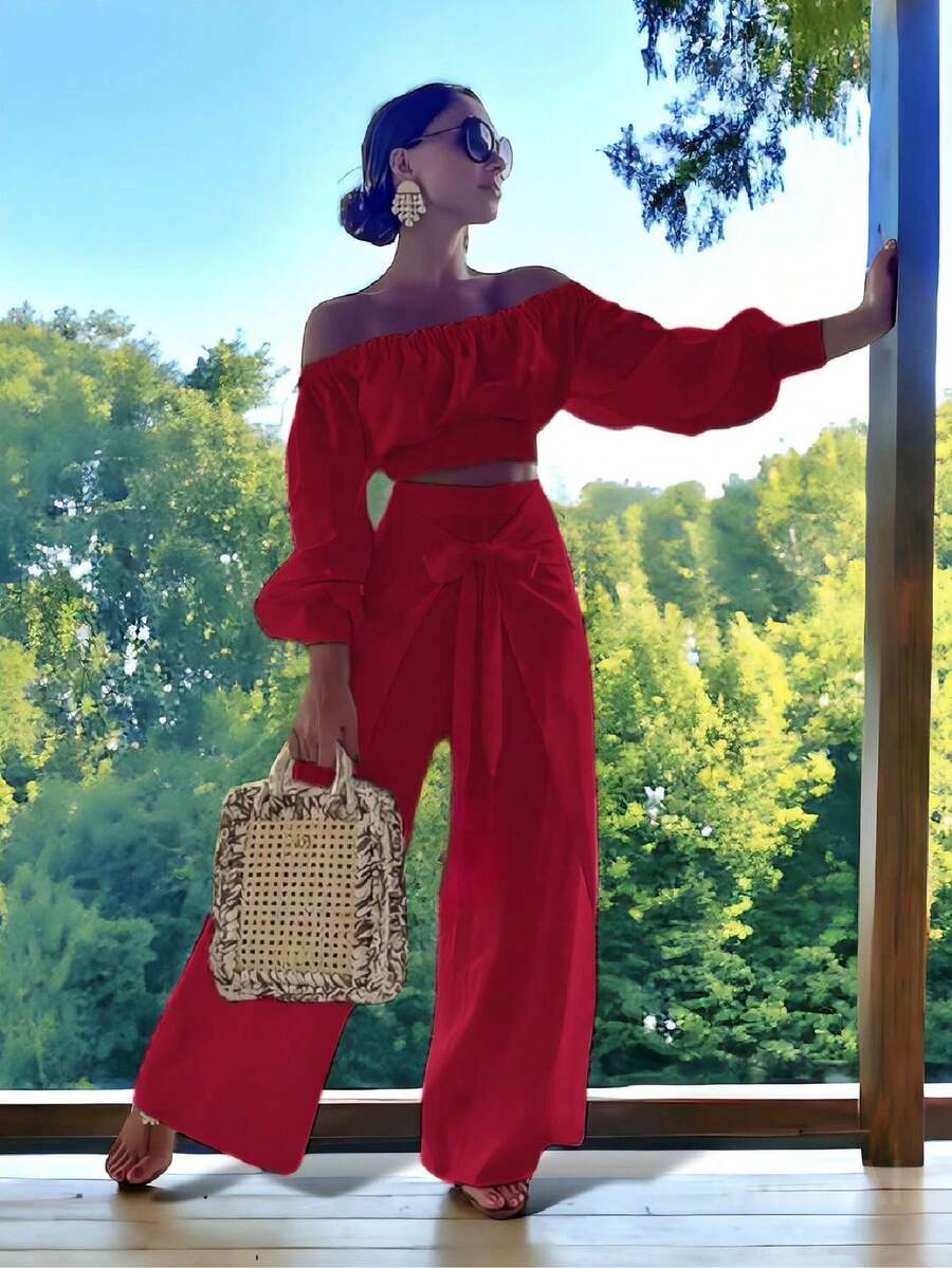 Conjunto De Dos Piezas De Blusa Corta De Hombro Descubierto Con Manga Corta Y Pantalón Para Mujer - Rojo - Ver 1