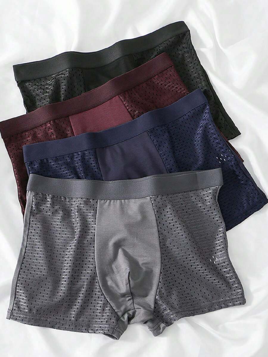 4PCS Men's Underwear Comfortable Breathable Men's Summer Cool Boxer Briefs Men's Half Mesh Solid Color Underwear