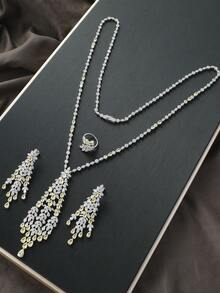 4pcs/Set Classic And Fashionable Mother Day Gift Teacher Appreciation Jewelry Gifts With Cubic Zirconia Leaf Waterdrop Tassel Necklace Earrings Ring Suitable For Women To Wear On A Daily Basis - Tassel Type - View 7