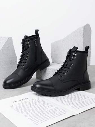 SELECTSHOES Men's Stylish And Simple Comfortable Motorcycle Casual Boots Lace-Up Darkbrown/Black Pu Boots
