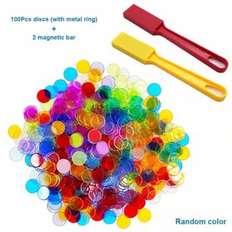 100pcs Colored Transparent Bingo Chips And 2 Magnetic Wands, With Magnetic Color Recognition, Educational Toy For Bingo Game, Colors May Vary (Orange, Yellow, Blue, Green, Red Etc.)