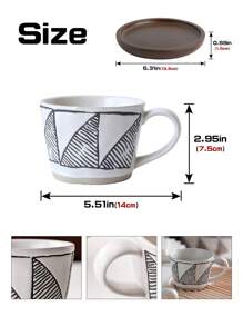 Aesthetically Handcrafted Coarse Pottery Coffee Mug With Wooden Coaster/Without Coaster, Small Blue Flower/Geometric Triangle Pattern Design, Suitable For Home And Office Use Back To School