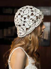 1 pieza Mujeres gorro hecho a mano de punto de ganchillo en unicolor, gorro holgado y transpirable adecuado para uso diario