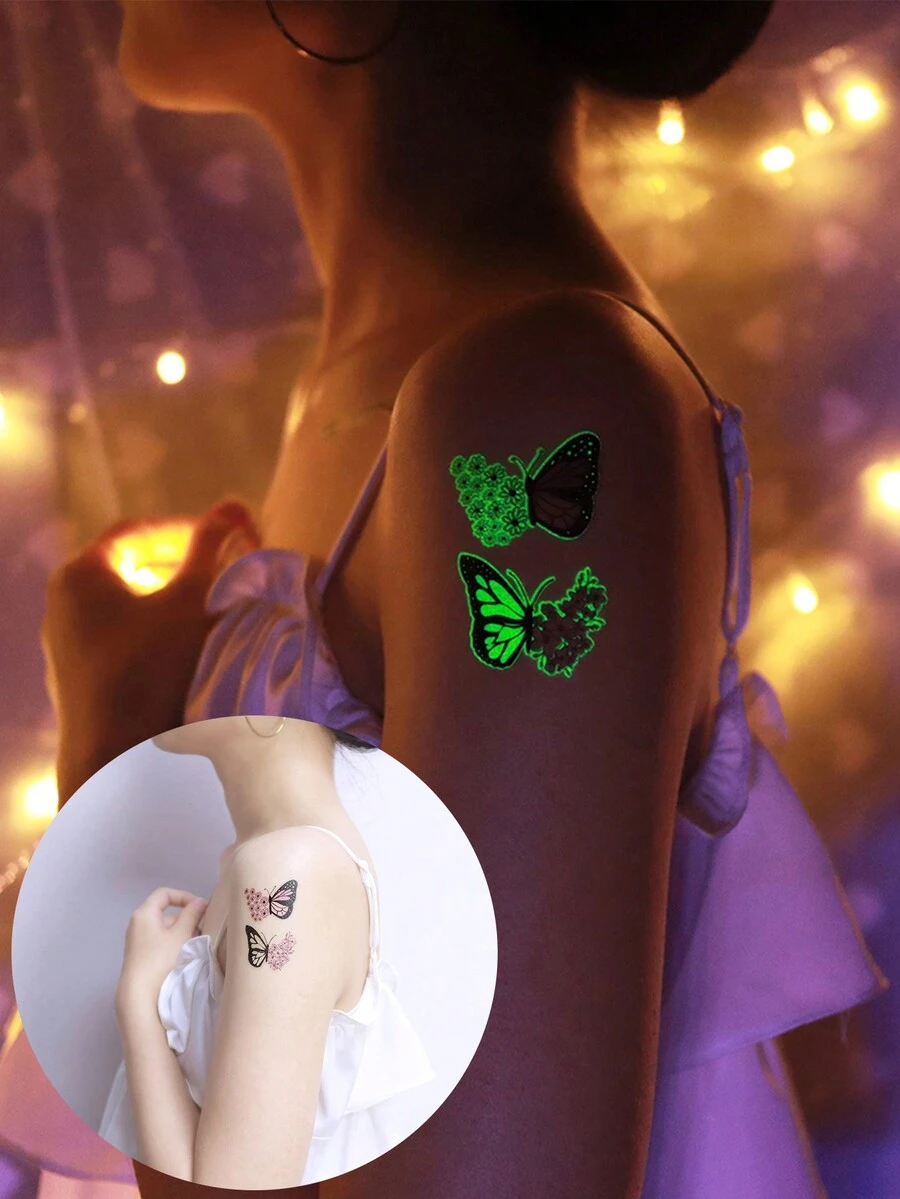 4入組蝴蝶夜光暫時性紋身貼紙，夢幻漸層設計搭配仙女、花朵、音符、許願瓶、月亮、心形圖案，防水紋身貼花適用於少女 - 彩色 - 查看 1