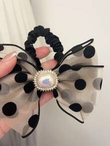 豪華髮飾，復古波點蝴蝶結造型髮帶，採用雙層絲和紗材料，適用於馬尾、髮帶和髮鬆帶 - 彩色 - 查看 11