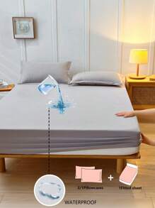 2/3pcs Waterproof Bedding Set, Soft & Comfortable Bedroom Bedding, Solid Color Bed Sheet Set, Fitted Sheet, Suitable For Double Bed, Queen Bed, King Bed, Bedroom, Dorm (1pc Fitted Sheet And 1/2pc Pillowcase) - Light Grey - View 2