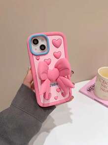 Cute Pink Heart Lens Cartoon Phone Case With Bowknot, Desk Stand Phone Holder For 12, 13, 14, 15 Pro