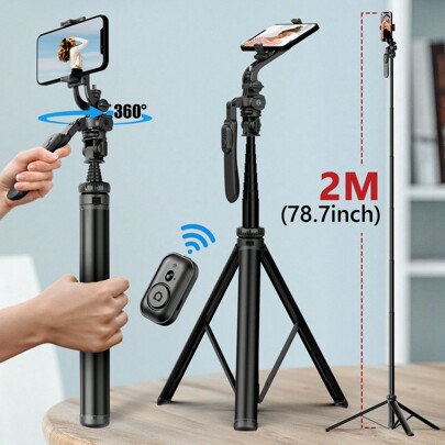 AXNEN 78.74" 2meters Selfie Stick Tripod, All In One Extendable Phone Tripod Stand Foldable Travel Monopod With Wireless Remote, Compatible With Iphone And Android Phone Selfies, For GoPro Action Cameras Video Recording, Vlogging,  Balance Steady Live Streaming, Aluminum