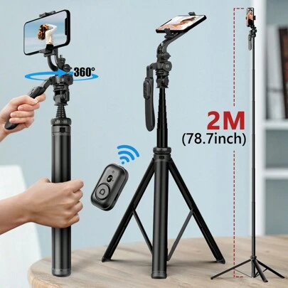 AXNEN 78.74" 2meters Selfie Stick Tripod, All In One Extendable Phone Tripod Stand Foldable Travel Monopod With Wireless Remote, Compatible With Iphone And Android Phone Selfies, For GoPro Action Cameras Video Recording, Vlogging,  Balance Steady Live Streaming, Aluminum