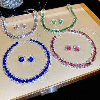 閃爍的淺綠色/淺藍色/粉色水晶項鍊和耳環珠寶套裝，適合女性參加婚禮、派對、送禮