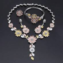 1pc Fashionable Crystal Flower Jewelry Set, Including Necklace, Bracelet, Earrings, And Ring, Suitable For Women To Wear On Weddings, Parties, And Banquets, As Gifts