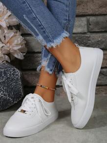 Zapatos blancos para mujer, zapatillas de skate bajas con diseño de encaje, con punta redonda, suela antideslizante de moda y transpirable, de estilo británico y blanco puro, adecuados para estudiantes - Blanco - Ver 2