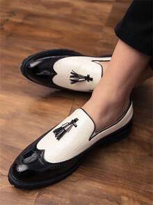 Giày da nam kiểu Anh màu đen trắng mũi nhọn, kiểu dáng slip-on. - Đen và trắng - Xem 3