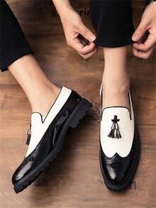 Giày da nam kiểu Anh màu đen trắng mũi nhọn, kiểu dáng slip-on. - Đen và trắng - Xem 4