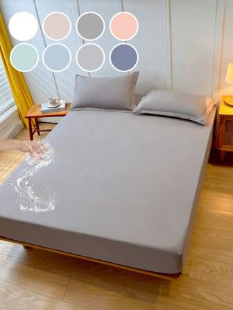 Juego de sábanas impermeables de 2/3 piezas, juego de ropa de cama, juego de sábana ajustable, juego de cubiertas de cama, juego de cubiertas de colchón amigables con la piel, ropa de cama suave y cómoda para dormitorio, juego de sábanas de unicolor, regalo del Día de la Independencia, sábana ajustable de bolsillo profundo, para todas las estaciones, para cama doble, cama queen, tamaño completo, adecuado para dormitorio, dormitorio, (1 pieza sábana ajustable y 1/2 piezas funda de almohada)