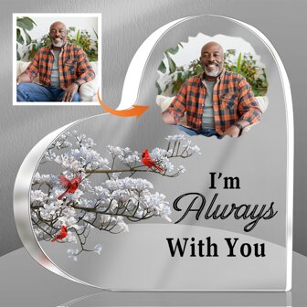 1pc (Customized) Personalized Heart Shaped Acrylic Photo Plaque I'm Always With You Memorial Gift For Parents Decor For Table, Office Desk, Holiday Indoor Home Decor 3.93inchx3.93inch Ornamental, Waterproof, Exquisite, Stylish, Contracted, Vintage Custom, Personalized, Unique Ideal Gifts For Him Her, Boyfriend, Girlfriend, Dad, Mom, Family, Friends For Mother's Day, For Birthdays, For Children's Day, For Father's Day, For Graduation, For Weddings, For Housewarming Dining Room, Living Room, Valentine Day Decor,Slow Summer Living