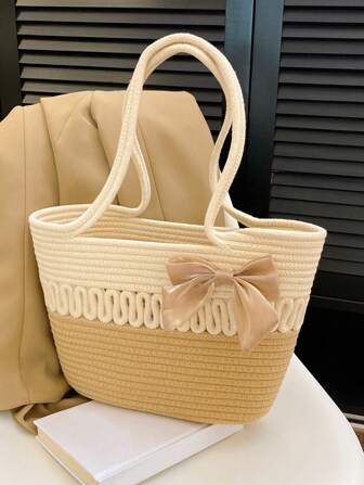 1pc Solid Color Woven Fashion Knitting Cord Natural Large Capacity Tote Bag, Suitable For Ladies Daily Use Or Vacation