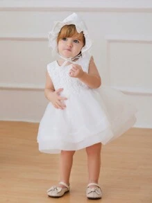Baby Girls' White Tulle Dress With Matching Hat For Wedding / Party