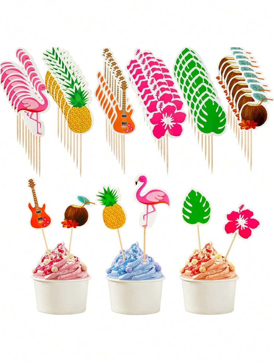 6/12/24/30/60 piezas de adornos para cupcakes hawaianos con flamencos, piñas, hojas de palma y palillos para decoración de tartas de cumpleaños de playa veraniega tropical - Multicolor - Ver 1