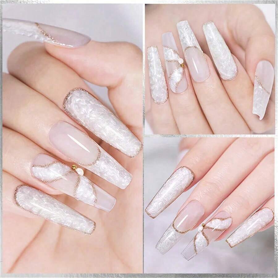 4Pcs Thread Shell Gel Nail Polish Set, White Pink Pearl Shell Texture ...
