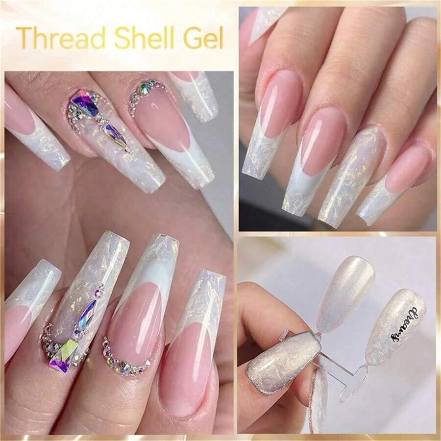 4Pcs Thread Shell Gel Nail Polish Set, White Pink Pearl Shell Texture ...