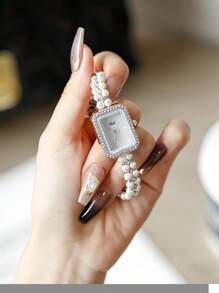 1 pièce Montre pour femme avec bracelet en alliage et cadran carré décoré de perles, style simple, cadeau