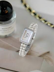 1 pièce Montre pour femme avec bracelet en alliage et cadran carré décoré de perles, style simple, cadeau
