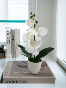 Planta de orquídea Phalaenopsis simulada en maceta de cerámica blanca, adorno de decoración del hogar, Navidad