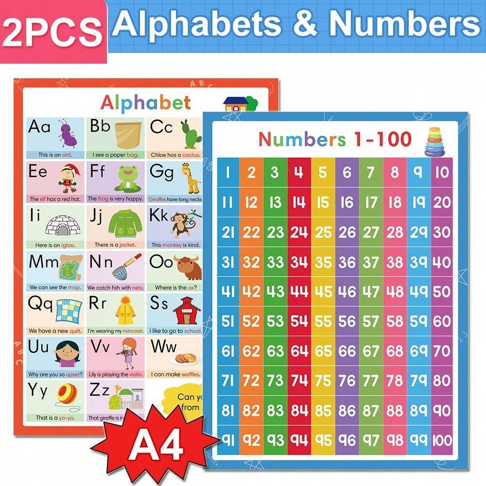 幼児、未就学児向けのabcアルファベットと数字の教育ポスター2枚セット、26文字と数字(1-100)のセット、教育用就学前学習玩具、スペル ...