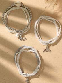 Conjunto de pulseras colgante de delfín con cola de pez y cuentas de arroz bohemias, accesorios de joyería de múltiples capas para playa y mar de verano.