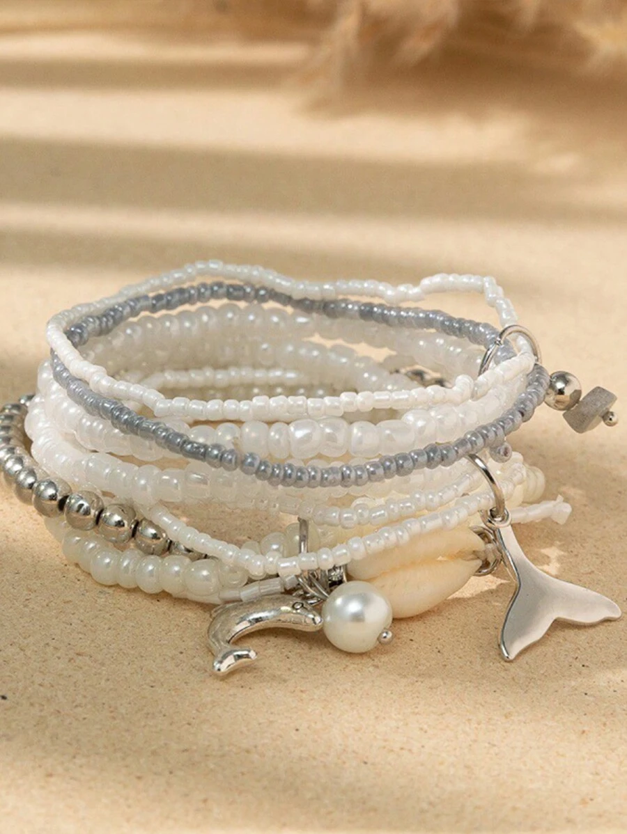 Conjunto de pulseras colgante de delfín con cola de pez y cuentas de arroz bohemias, accesorios de joyería de múltiples capas para playa y mar de verano.