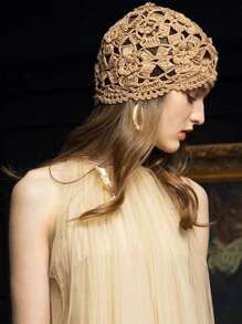 1 pieza Mujeres gorro hecho a mano de punto de ganchillo en unicolor, gorro holgado y transpirable adecuado para uso diario