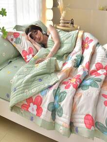 1pc Skin-Friendly Summer Thin Quilt, Pressed Flowers Craft Printed Bedding, Soft Comfortable Thin Quilt, For Single Or Double Bed, Hotel, Bedroom, Living Room, Sofa Use, All Seasons - Colorful Flowers - View 6