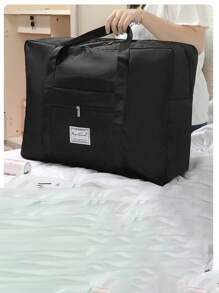 1pc Plain Nylon Large Capacity Minimalist Storage Waterproof Moving Luggage Bag Traveling Duffel - Black - View 8