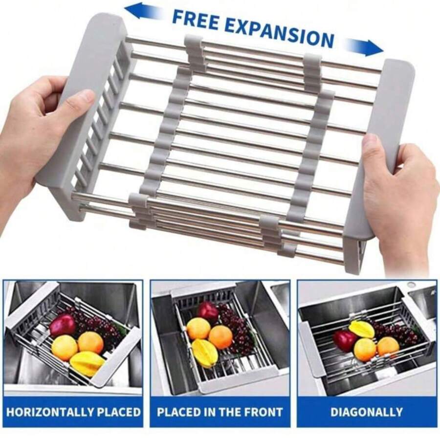 1 Pieza Colador De Acero Inoxidable Para Fregadero De Cocina Con Canasta De Almacenamiento Para Platos, Soporte Para Lavar Verduras/frutas - Plateado - Ver 1
